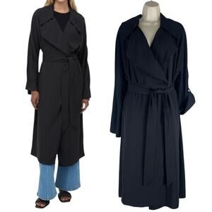 Aritzia Babaton Bascom Flowy Long Trench Coat Belt Tie Black Size XS
